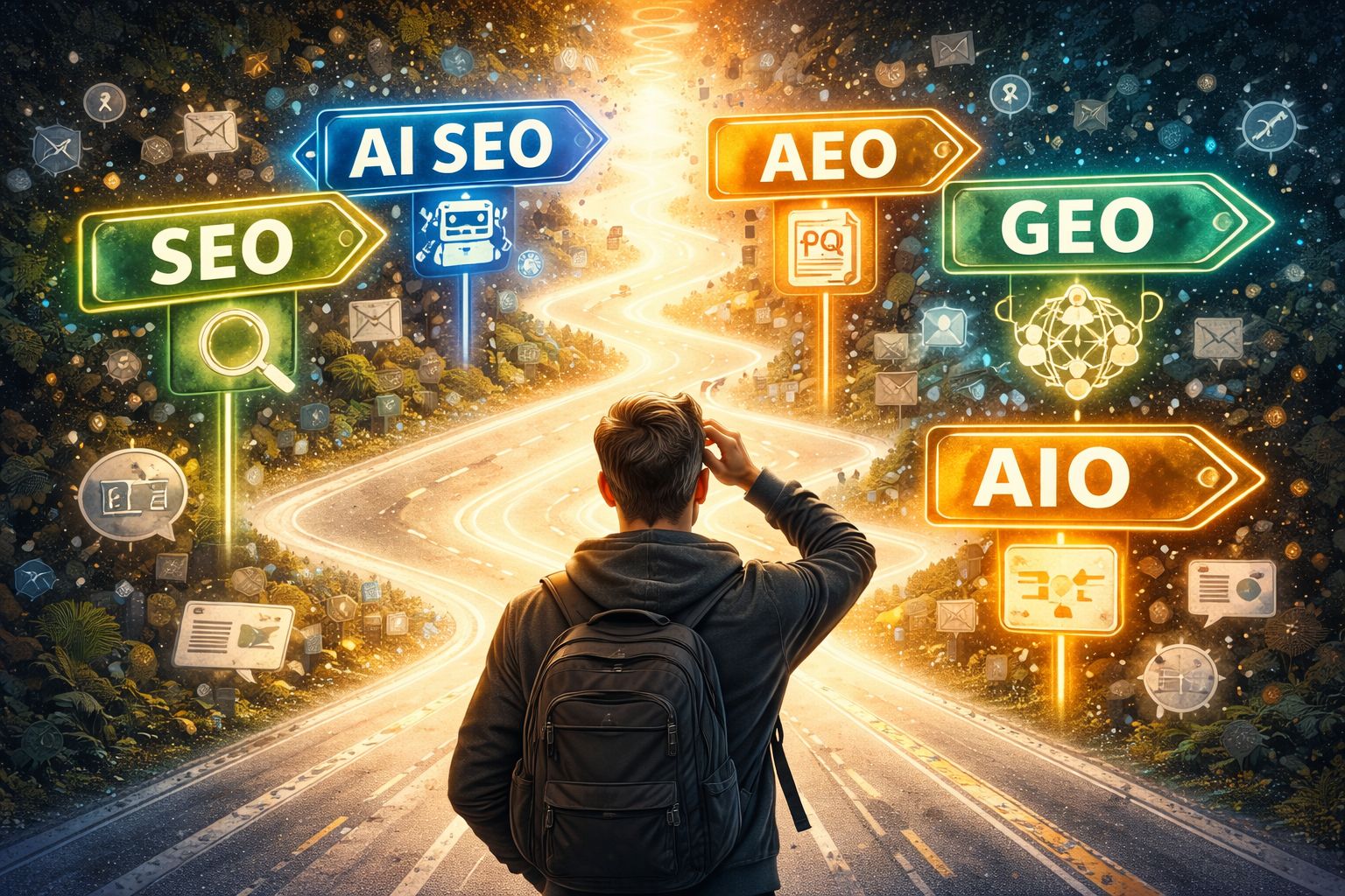 Person at crossroads with directional signs representing the AI search landscape