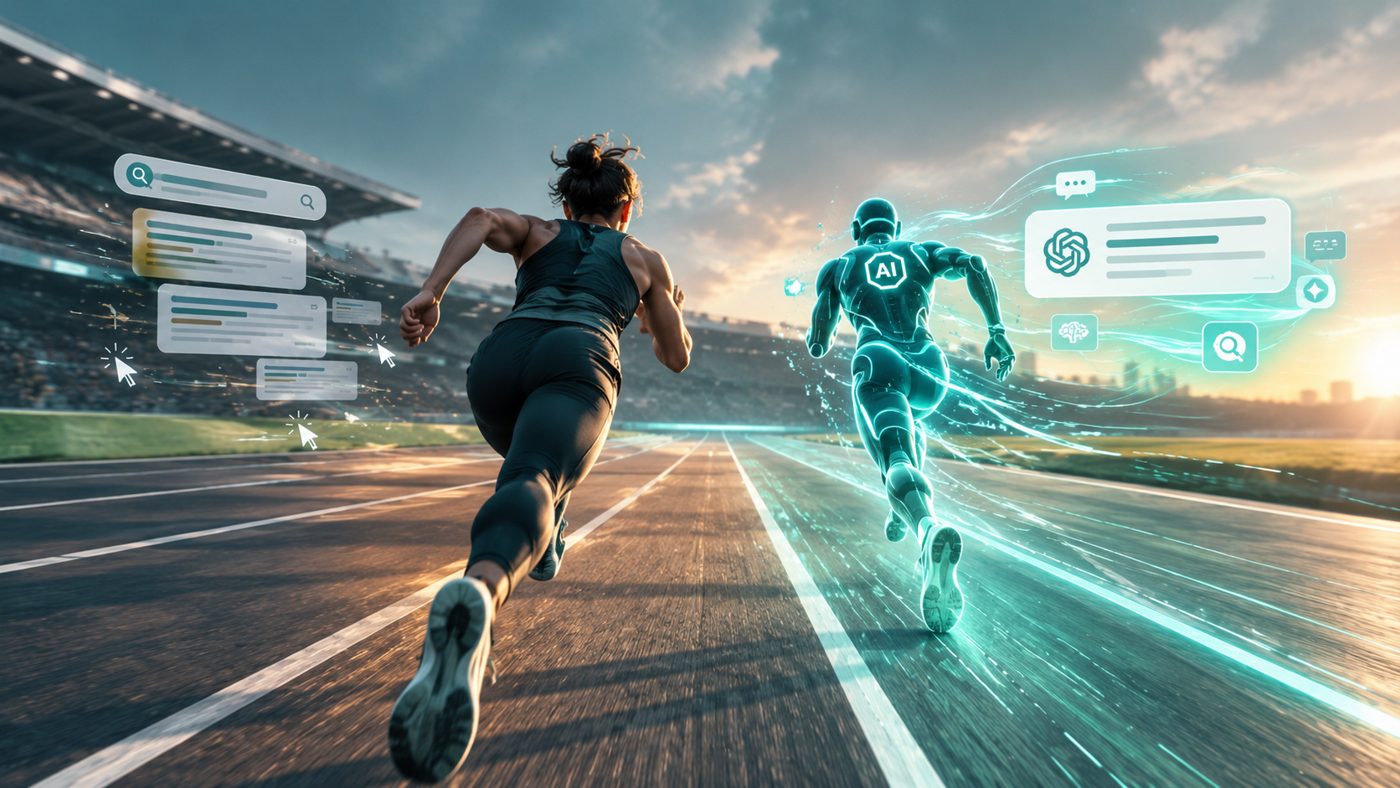 Runner racing an AI hologram on a track, symbolising the shift from traditional SEO to AI search